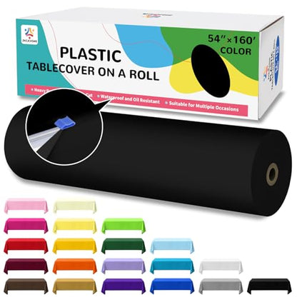 54IN X 160FT Plastic Table Cover Roll with Cutter Box, Cut to Size Plastic Table Cloths for Parties, Birthday, (Black, 54"x1920") - color: Black, size: 1920" x 54" (Rectangular)