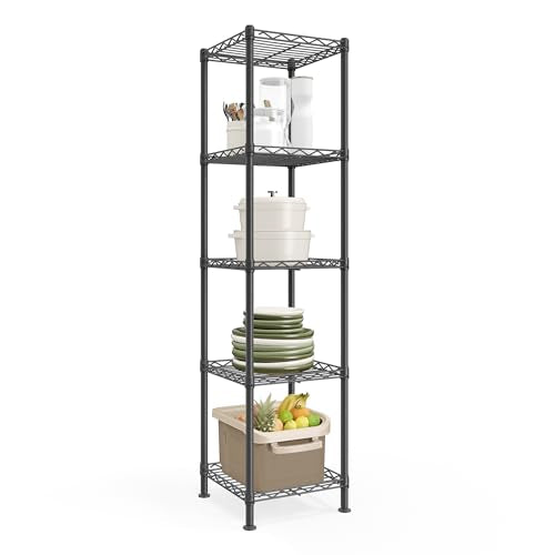 SONGMICS 5-Tier Bathroom Shelf, Storage Rack for Small Space | Extendable Design, 11.8 x 11.8 x 47.6 Inches, Removable Hook, Ink Black, DALTEN Collection ULGR123BH01 - color: Ink Black, size: 5 Tiers (11.8"D x 11.8"W), style: Without PP Shelf Liners
