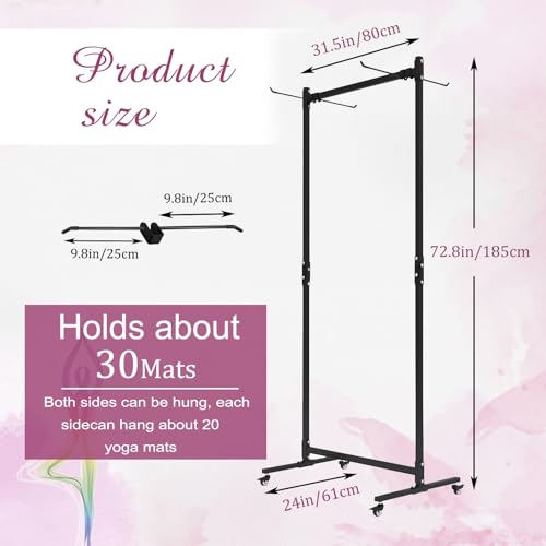 Yoga Mat Holder Hanging, Metal Double Sided Yoga Mats Storage Cart on Wheels, Floor Standing Pilates Mat Rack for Home Gym, Exercise, Yoga Studio, with Punching Tool(Black)