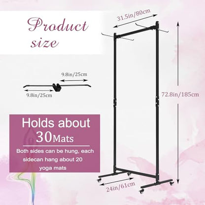 Yoga Mat Holder Hanging, Metal Double Sided Yoga Mats Storage Cart on Wheels, Floor Standing Pilates Mat Rack for Home Gym, Exercise, Yoga Studio, with Punching Tool(Black)