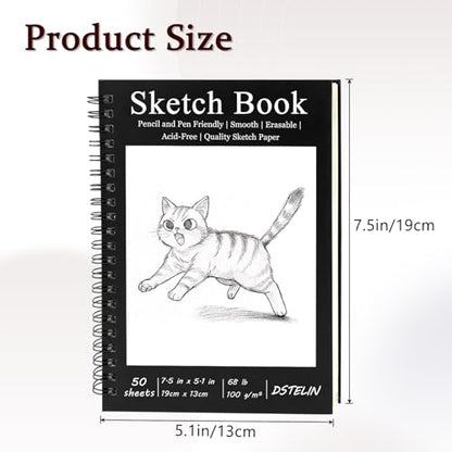 DSTELIN 2 Pack Spiral Bound Sketchbooks (100 GSM Sketch Paper), 50 Sheets per Pack, 7.5" x 5.1" Sketchbook with Black Hard Cover for Painting, Drawing and Sketching