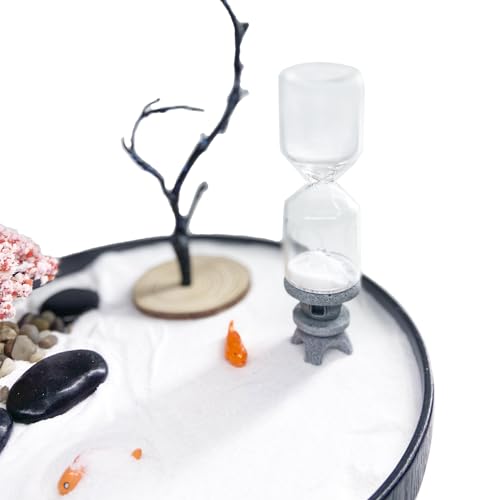 Desktop Zen Garden with Refillable Hourglass and Koi Fish – Miniature Japanese Rock Garden Kit with Sand, Rake, and Accessories – Stress Relief Desk Decor for Home & Office