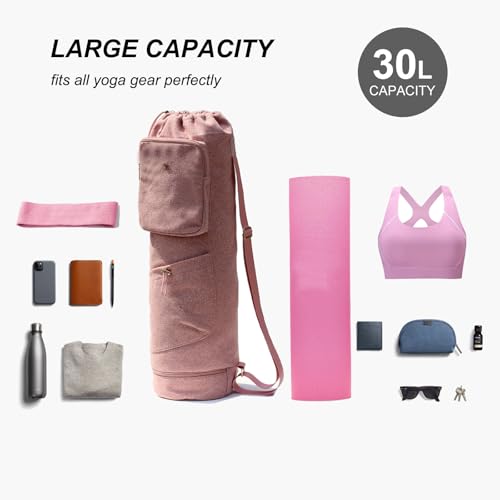 ESVAN Yoga Mat Bag with Multi Pockets Drawstring Yoga Mat Carrier Pilates Exercise Multi-Functional Storage Bag - color: Linen Pink