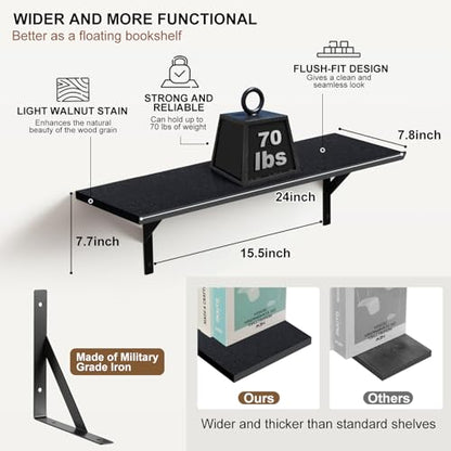Tectocker-DOU 24" Long Floating Book Shelves for Wall, Heavy Duty, Black - color: Black, size: 24W×8D