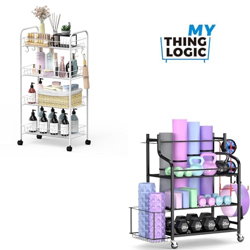 Mythinglogic 4-Tier Rolling Cart with 360° Wheels, Yoga Mat Storage Racks for Home, Gym Rack for Dumbbells Kettlebells Foam Roller, Yoga Strap and Resistance Bands, Workout Equipment