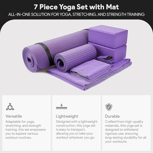 BalanceFrom 7-Piece Yoga Set with 71x24x0.5 Inches Extra Thick Mat and Carrying Sling – Includes 2 Blocks, Stretch Strap, 2 Towels, and Knee Pad for Home, Studio, and Gym Workouts - color: Purple
