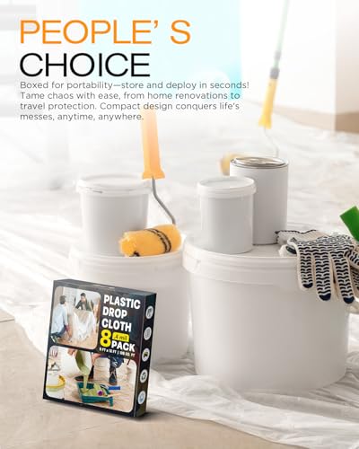 Plastic Drop Cloths for Painting, 9x12 Ft Plastic Sheeting, 0.4Mil (8-Pack) | Clear Painter's Plastic Filim, Dust-proof Waterproof Painting Supplies for Furniture, Floor, Couch Protector - size: 8 PCS 9x12 Ft