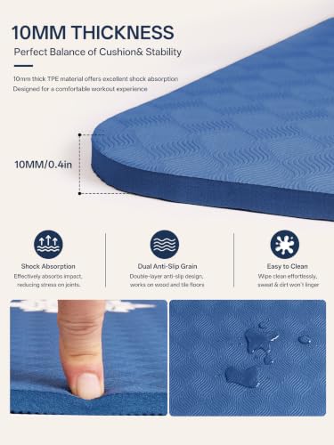 EaseUp Yoga Mat 73"x28"x0.4",10mm thick,Non Slip for Workout, Pilates - color: Blue
