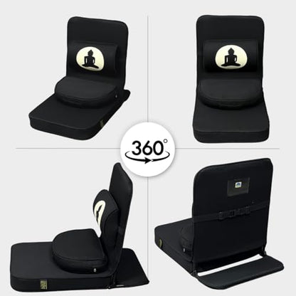 Friends Of Meditation 4-in-1 Folding Buddha Chair – Ergonomic Yoga Seat with Half-Moon Zafu, Detachable Lumbar Support & Carry Case – Black - color: Black