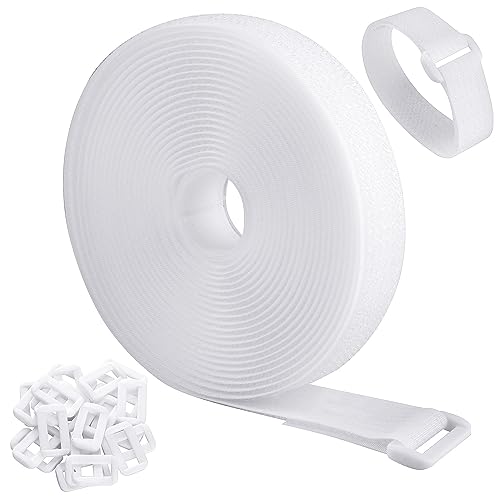 16Ft Adjustable Cable Straps with Buckles, Free Cut Length, White Reusable Fastening Cable Ties, Hook and Loop Securing Strap for Cable Tidy, Wire Management, Cord Organiser, 0.8In Wide - color: White, size: 16Ft x 0.8In