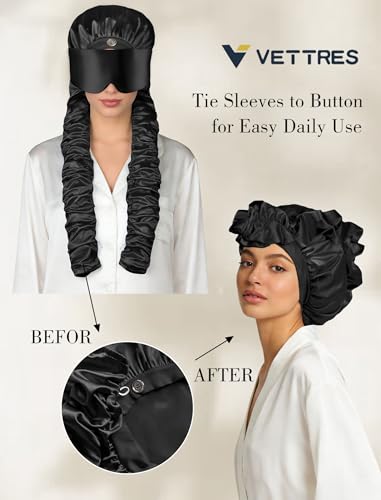Satin Bonnet for Sleeping with Eye Mask，No Slip Sleep Bonnet with Long Curling Ribbons for Braids & Long Hair - color: Black