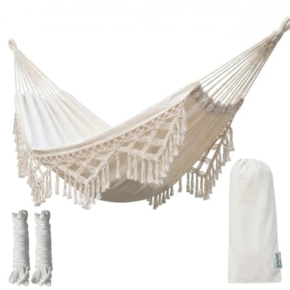 Canvas Hammock 122" Long X 59" Wide 2 Person Hammock 440 pounds Maximum Weight Applicable Scenes in Courtyard Autumn, Indoor Hanging Chairs, Beach Leisure (White Tassels, Full) - color: White Tassels, size: Full
