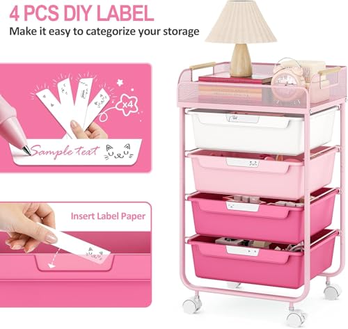 SYKIARIOL 4-Drawer Rolling Storage Cart with Mesh Top, Rose Pink | Utility Craft Organizer Cart on Wheels with DIY Labels, Rolling Drawer Cart for Home Office Classroom Bedroom - color: Gradient Pink