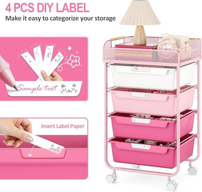 SYKIARIOL 4-Drawer Rolling Storage Cart with Mesh Top, Rose Pink | Utility Craft Organizer Cart on Wheels with DIY Labels, Rolling Drawer Cart for Home Office Classroom Bedroom - color: Gradient Pink