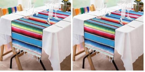 Fowecelt Mexican Serape Table Runner 14 x 84 Inch Hand-Woven Blanket Colorful Striped Mexican Fringe Cotton for Fiesta Table Runner for Outdoor Picnics Dining Party Wedding Decorations (Pack of 2) - color: Blue, size: 84" x 14" (Runner) (Pack of 2)