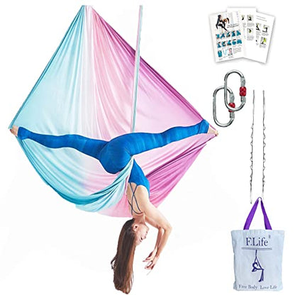 F.Life Aerial Yoga Hammock kit- Yoga Swing Multicolor 5 yards-Flying Yoga Include Daisy Chain,Carabiner and Pose Guide - color: Fairy Floss Omber