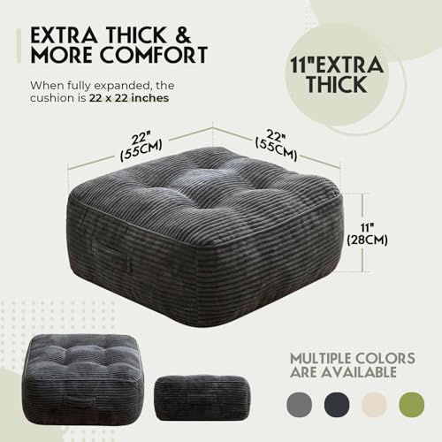 11" Thick Washable Floor Pillow for Adults, Yoga & Meditation Cushion with Handle, Square Large Pillows Seating with Removable Tufted Corduroy Cover for Tatami Living Room Board Games (Black) - color: Black