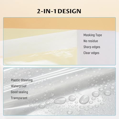 Lichamp Plastic Cover for Painting, Pre-Taped Masking Film, 22 inch x 88 feet x 3 Rolls (264 feet Total), Painters Plastic with Tape, Advanced Masking Tape Film
