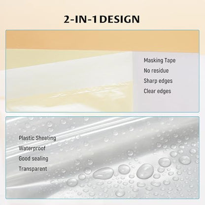 Lichamp Plastic Cover for Painting, Pre-Taped Masking Film, 22 inch x 88 feet x 3 Rolls (264 feet Total), Painters Plastic with Tape, Advanced Masking Tape Film