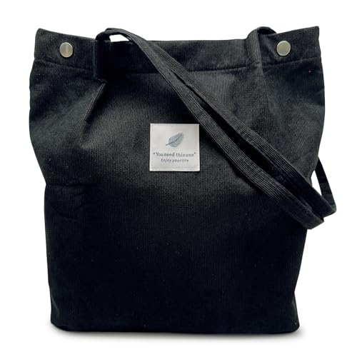 Aphoraeny Corduroy Tote Bag for Women Cute Totes Shoulder Bag with Inner Pocket for Work Beach Shopping Travel Grocery - color: Black