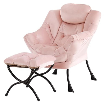 Tiita Lazy Chair with Ottoman, Comfy Reading Accent Chair, Velvet Pink | Foldable Footrest, Padded Seat and Backrest, Side Pocket for Lounging in Living Rooms, Bedrooms, Dorms and Small Spaces - color: Pink