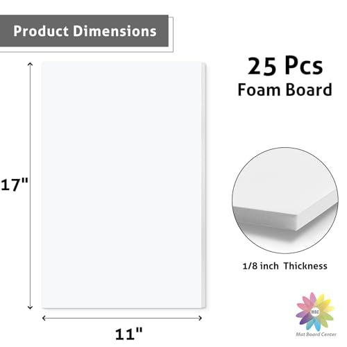 Mat Board Center 11x17x1/8" White High-Grammage Foam Core Board Pack of 25 | Acid Free, Polystyrene, Warp-Resistant, Double-Sided Foam Poster Board, Easy to Cut & Write for Display, Draw, Crafts & Art - color: White, size: 11x17