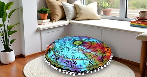 CRAFT KALA 32" Large Round Bohemian Floor Pillow Cover Boho Pouf Cover Mandala Meditation Room Pillows Cover Adults Seating Poufs Cushion Cover for Kids Reading Playroom Multi Zodiac - color: Multi Zodiac