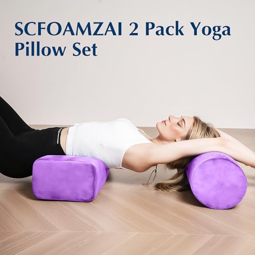 2-Pack Yoga Bolster Pillow Set: Rectangular & Cylinder Pillows for Meditation and Support, Yoga Pillows with Washable Velvet Cover, Triple-Layer Sponge with Carry Handle, Purple - color: Purple