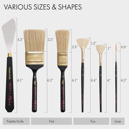 Artify Artist Paint Brush Set endorsed by Painter Phizz, 6-Piece Wet-on-Wet Oil Paint Brush Set with 5 Brushes and 1 Palette Knife for Artists, Landscapes, and Portraits