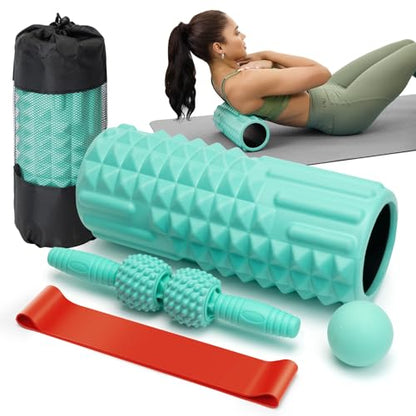 5 in 1 Foam Roller Set for Muscle Recovery & Deep Tissue Massage | Textured Grid Foam Roller with Massage Stick, Massage Ball, Resistance Band for Back Pain, Physical Therapy, Green - color: Green