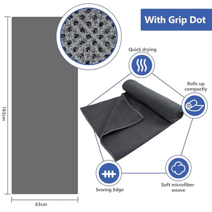 Hot Yoga Towel - Microfiber Non Slip Yoga Mat Towel with Grip Dot Sweat Absorbent Towel for Hot Yoga, Pilates and Fitness 72" x 24", Grey - color: Grey