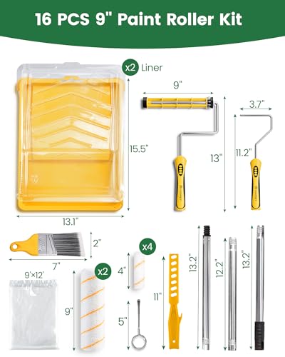 VOOMEY Paint Roller Kit with Extension Pole - 9 Inch Paint Roller with Tray | Mini Paint Roller 4 inch, Small Paint Brush, 16 Piece Complete Painting Tool Set Suitable for House & Wall Painting - style: 16 pcs paint roller kit