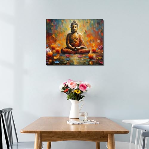 TUMOVO Buddha DIY Paint by Number Colourful Abstract Paint by Numbers for Adults Kids Beginner Paint by Numbers on Canvas Statue with Lotus Flower and Candle Ornament Oil Painting Kits 16"x20"Framed - color: Buddha Wooden Frame