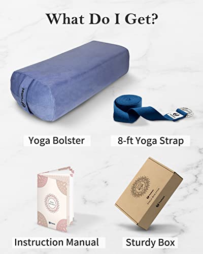 Tumaz Yoga Bolster Set, Rectangular Yoga Bolster with Washable Cover | Soft bolster for restorative yoga, meditation and stretching. Includes 8-ft strap, carry handle and washable cover - color: Classic Blue