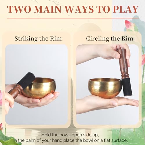 AKLOT HandMade Meditation Singing Bowl: Tibetan Sound Bowl Set with Pure Tone, Sound Bath Bowl with Cushion, Mallet, Spiritual Gift for Chakra Clearing, Healing, Yoga, Prayer, Relaxation (3.5 Inch) - color: 3.5 inch Gold