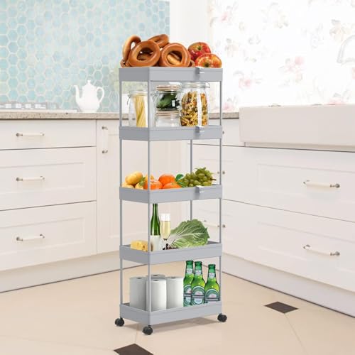 SPACEKEEPER 5 Tier Storage Rolling Cart, Bathroom Cart with Wheels, Gray - color: Grey, size: 5 Tier