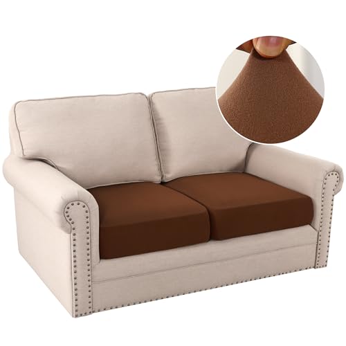 H.VERSAILTEX Fleece Couch Cushion Covers Stretch Loveseat Covers for 2 Cushion Couch Loveseat Covers Comfortable and Durable Fabric (2 Piece Loveseat Cushion Cover, Caramel) - color: Caramel, size: 2 Cushion Loveseat