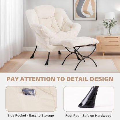 Tiita Lazy Chair with Ottoman, Comfy Reading Accent Chair, Plush Beige | Foldable Footrest, Padded Seat and Backrest, Side Pocket for Lounging in Living Rooms, Bedrooms, Dorms and Small Spaces - color: Plush-beige