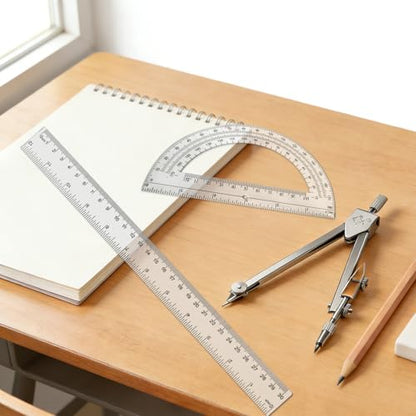 3 Packs Plastic 12 Inch Ruler,6 Inch Clear Protractor and Compasses Set Student Geometry Math Set for Classroom Set Angle Detector School Supplies Classroom Ruler Home Office Drawings