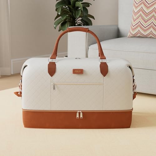 ITIEZY Weekender Bag for Women 21.5" Travel Duffel Large Carry On Bag 3PCS | Nylon Duffel Bag with Waterproof Shoe Compartment, Crossbody Bag and Toiletry Bag, Travel Weekend Hospital Overnight Gym Bag - color: 1-Beige