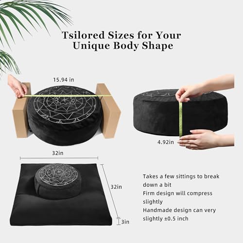 Zafu & Zabuton Meditation Cushion Set - Buckwheat Hull & Memory Foam Pillows, Ergonomic Support for Yoga, Mindfulness - Organic Velvet Cover, Large Size, Durable Comfort (Black) - color: Black