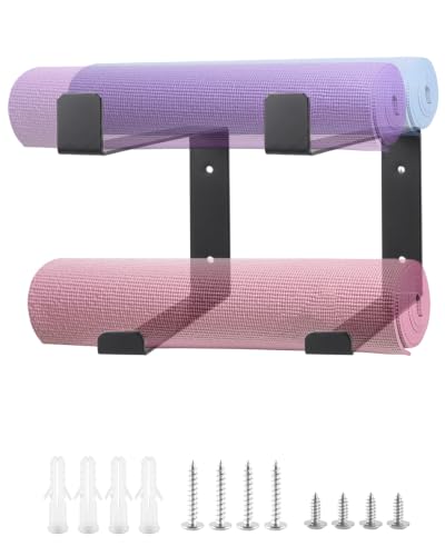 Yoga Mat Wall Mount Rack, Adjustable Steel Storage Holder w Protective Pad | Wall Mounted, Adjustable Hooks, Steel Construction, Felt Protection, Foam Roller Storage, Easy Install