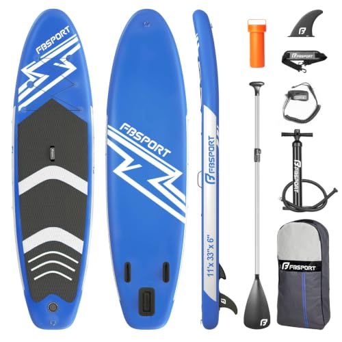 FBSPORT 11' Premium Stand Up Paddle Board, Yoga Board with SUP Accessories & Carry Bag | Wide Stance, Surf Control, Non-Slip Deck, Leash, Paddle and Pump for Youth & Adult - color: Blue