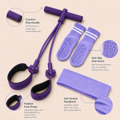 Pedal Resistance Band, Stitched Anti-Snap Elastic Pull Rope Fitness Equipment, 3-in-1 Home Workout Exercise Bands Set with Pilates Grip Socks & Headband - color: Purple, size: 55LB