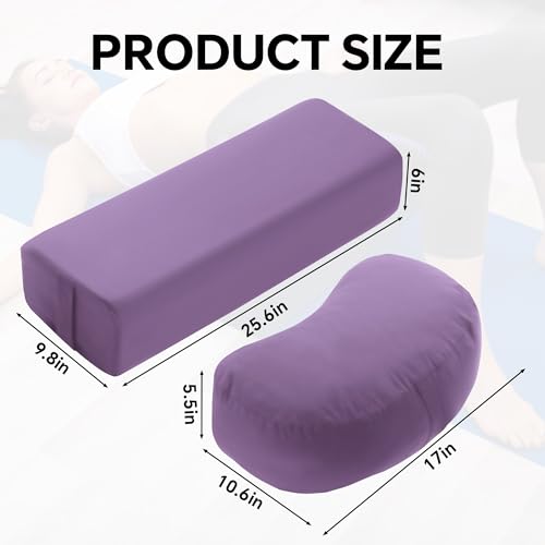 MABOZOO 2-Piece Yoga Bolster Pillow, Rectangular & Crescent Meditation Cushions with Removable Cover for Restorative Yoga, Meditation Accessories for Sitting on Floor - color: Dark purple