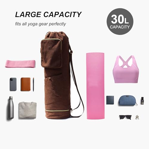 ESVAN Yoga Mat Bag with Multi Pockets Drawstring Yoga Mat Carrier Pilates Exercise Multi-Functional Storage Bag - color: Linen Brown