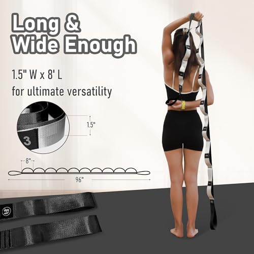 Stretch Bands for Exercise, Non Elastic Yoga Stretching Strap with Loops, 3.8cm x 2.45m, Stretching Bands for Physical Therapy, Yoga, Pilates, Dance, Gymnastics Exercise - color: Black