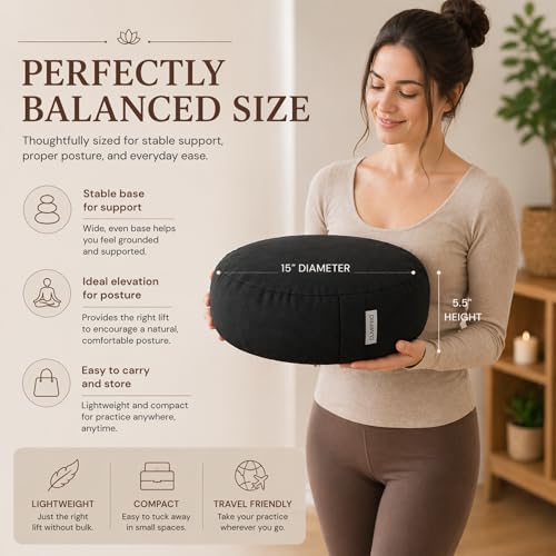 Meditation Cushion - 15" Buckwheat Pillow with Removable Cotton Cover and Carry Handle - Round Floor Cushion for Yoga, Meditation, Pilates, and Floor Sitting - Meditation Pillow by Cuvered