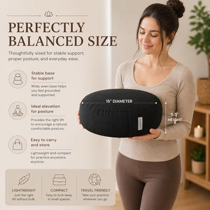 Meditation Cushion - 15" Buckwheat Pillow with Removable Cotton Cover and Carry Handle - Round Floor Cushion for Yoga, Meditation, Pilates, and Floor Sitting - Meditation Pillow by Cuvered