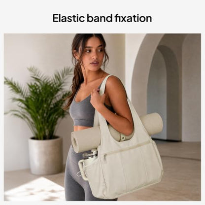 TOPEAST Foldable Tote Bag for Women with Yoga Mat Holder,Travel Tote Bag with Water Bottle Pocket,Lightweight Workout Gym Bag - color: Beige